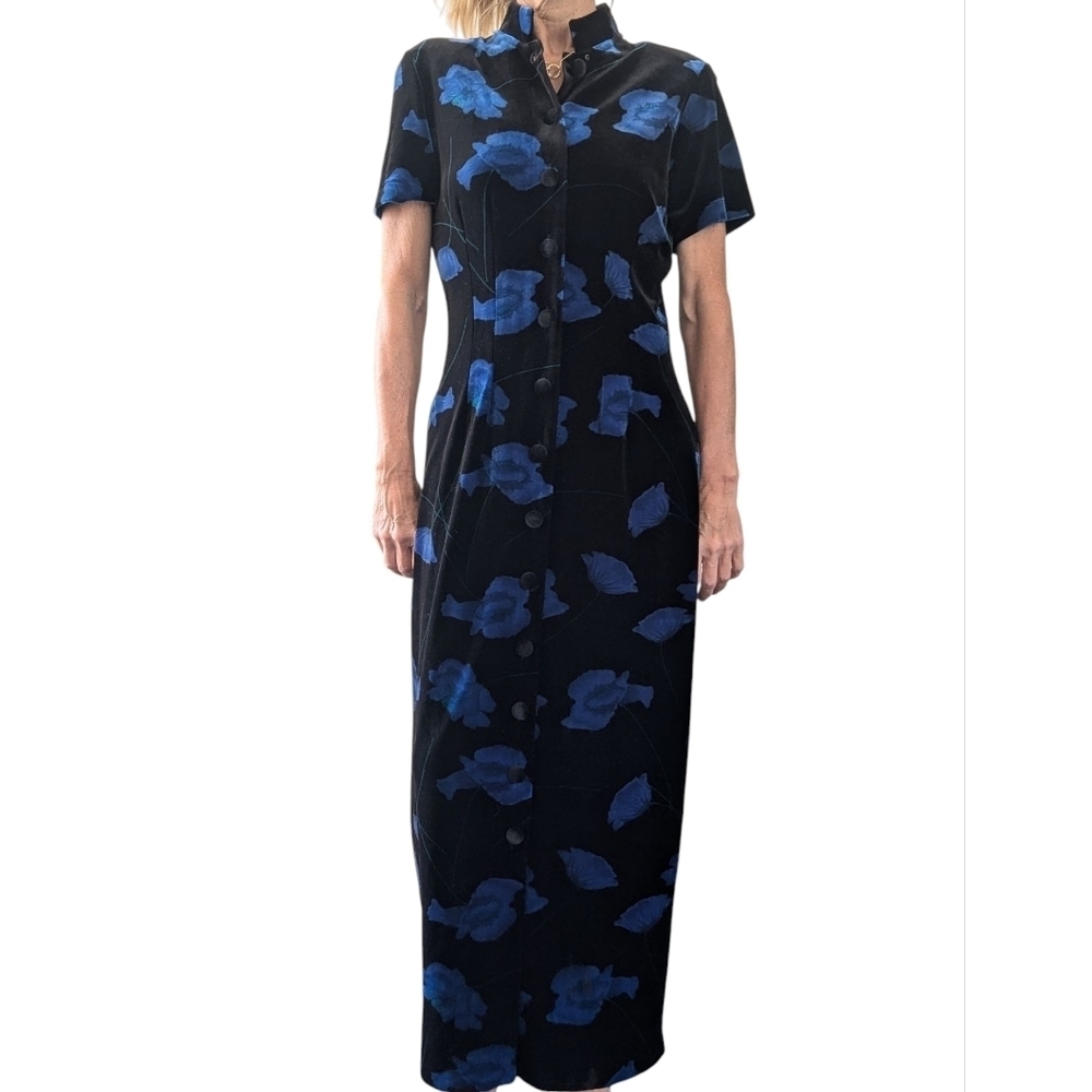 Vintage 90s Amanda Smith Blue Rose Velvet Maxi Dress Size 6 Gothic Romance